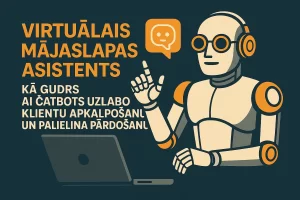 Virtuālais mājaslapas asistents – AI čatbota ilustrācija pie datora, kas simbolizē gudru klientu apkalpošanu un pārdošanas uzlabošanu ar mākslīgo intelektu.
